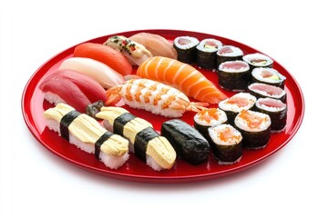 Assortment of sushi pieces served on a red plate including nigiri and maki rolls on white background