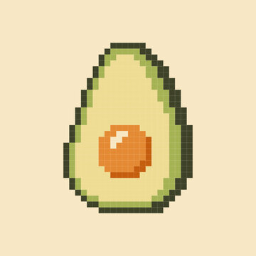 Pixel art illustration of a half avocado with seed. Bright retro style. Perfect for games, stickers, apps, and 8-bit inspired designs.