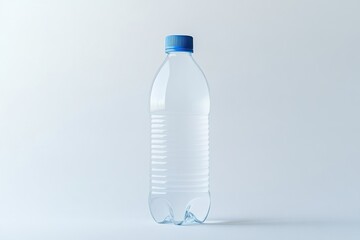 A clear plastic bottle with a blue cap stands against a plain light blue background in a studio