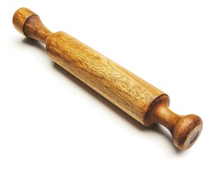 A wooden rolling pin with handles on a white surface showing its texture and cylindrical shape