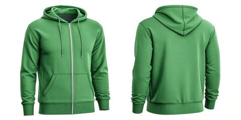 Green Zip-Up Hoodie Front and Back View, Casual Fashion, Apparel