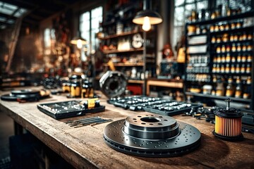New car brake discs and an oil filter are lying on a workbench in a mechanic workshop, ready for installation, surrounded by tools and spare parts