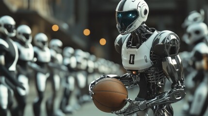 Fototapeta premium A robot basketball player holding a basketball with a line of robots in the background standing still