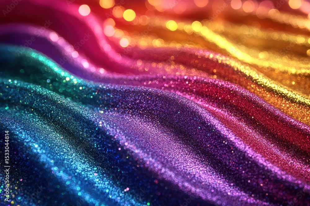 Poster Colorful shimmering fabric waves with sparkles flowing in a vibrant pattern during an artistic presentation at an event