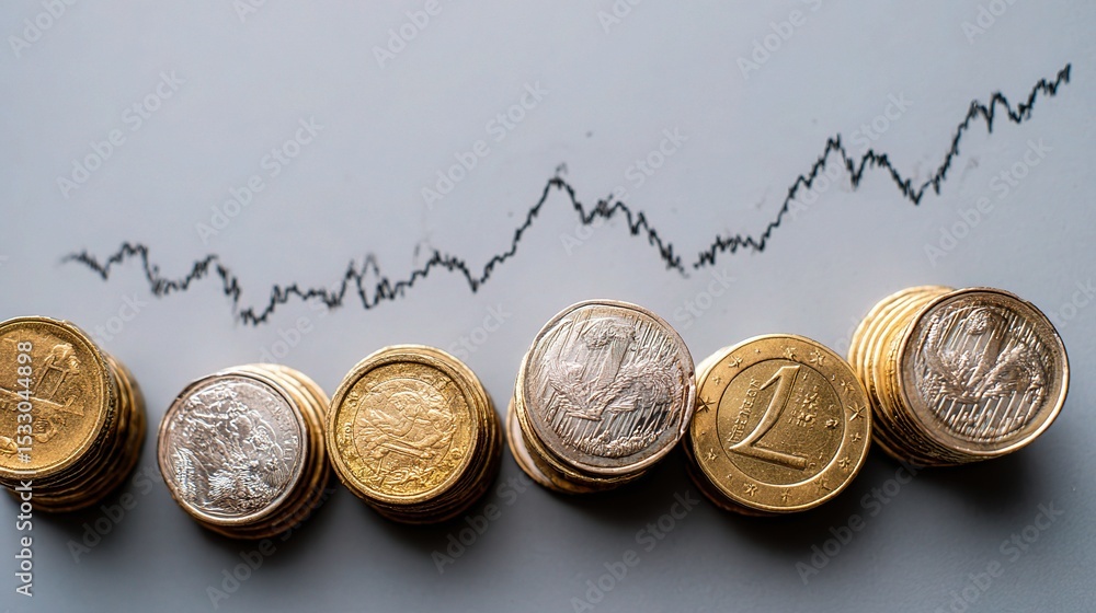Poster top down shot of floating coins with graph line on background