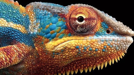 Fototapeta premium Panther chameleon is showing its impressive skin, changing colors from orange, yellow, blue and gray, creating a mesmerizing pattern on a black background