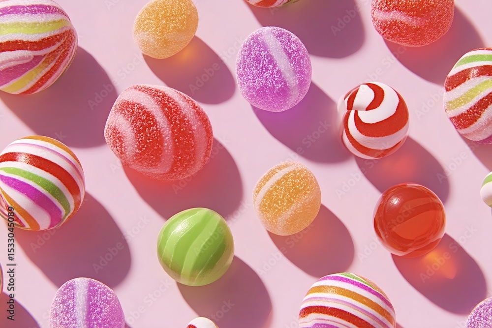Poster assorted colorful candies are arranged on a pink background, creating a vibrant and playful pattern 