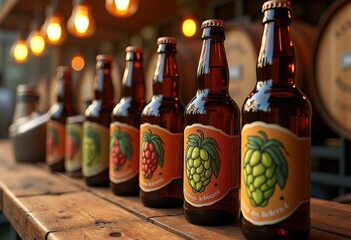 artisanal beer bottles craft brewery environment unique labels freshly brewed ales hops barrels bottling equipment, liquid, container, glass, fermentation