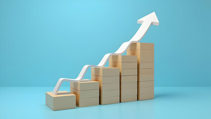 Wooden block stacking as step stair with white arrow up on blue background representing ladder of success in business growth concept, scene 30