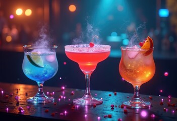 dramatic levitating cocktails video game mood fantasy creative drink presentation dark background, liquid, glass, liquor, spirit, array, colorful, fancy