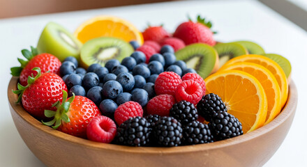 Bowl of fresh mixed fruits on breakfast table