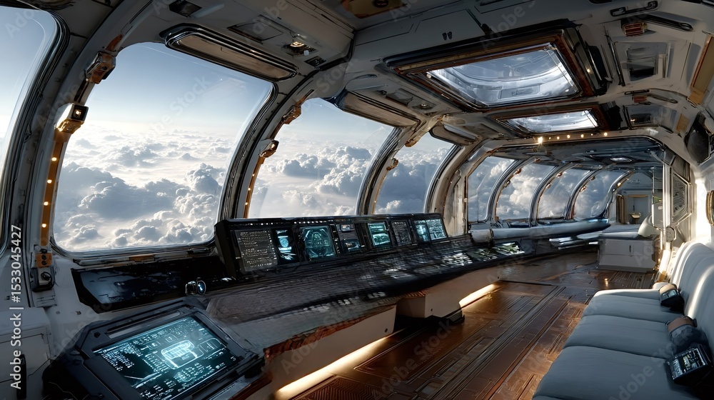 Poster futuristic spaceship cockpit interior with large windows offering a stunning view of clouds during a