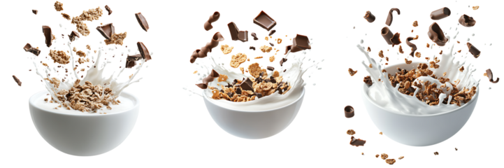 Explosive Cereal and Milk Splashes in Bowls on Transparent Background

