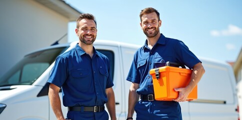 Two smiling male technicians in blue uniforms hold toolboxes near white van. Professional handyman team is ready for service, maintenance, home repair. Happy skilled workers, excellent job.