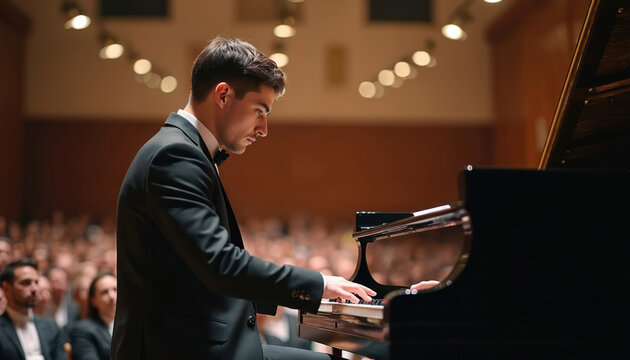 A pianist plays piano in a concert hall. Man performs classical music on grand piano. Musician plays keyboard, concert audience watches. Formal wear, tuxedo, bow tie, artistic performance at stage.