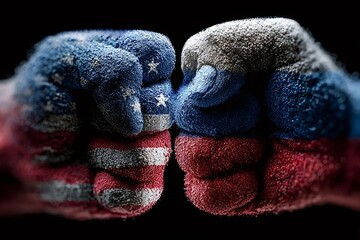 Two fists with the flags of the united states of america and russia painted on them are about to collide, representing the concept of conflict and international relations