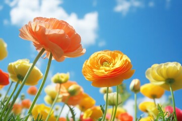 several orange and yellow ranunculus flowers in the foreground, taken from below with a blue sky in the background Generative AI