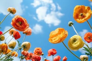 flowers in the sky, orange and yellow ranunculi, shot from below against a blue sky, bright Generative AI