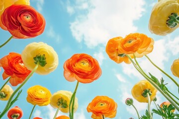 yellow ranunculus flowers in the sky, taken from below bright colors, cinematic, sunny day Generative AI