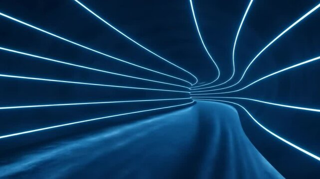 Futuristic neon tunnel, blue glow, digital light pathway visualization