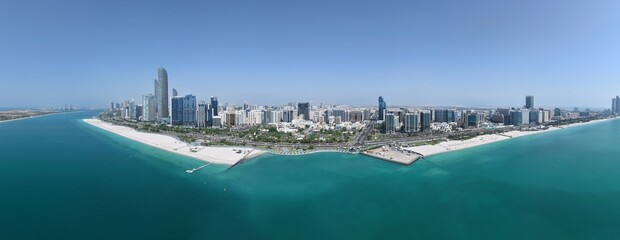 abu dhabi uae corniche and break water panorama drone image