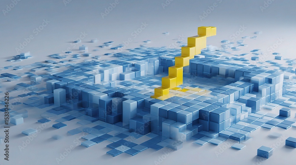 Poster abstract 3d scene of floating blue blocks with yellow steps