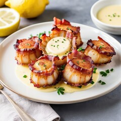 a plate of appetizers, including what appears to be a seafood dish with seared scallops and a creamy sauce, accompanied by small bacon wrapped bites and lemon wedges on the side