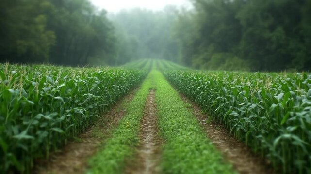 Lush green corn rows stretch into the misty distance under a soft morning haze. A peaceful tilt-shift scene of farmland bordered by forest, evoking rural calm and growth.