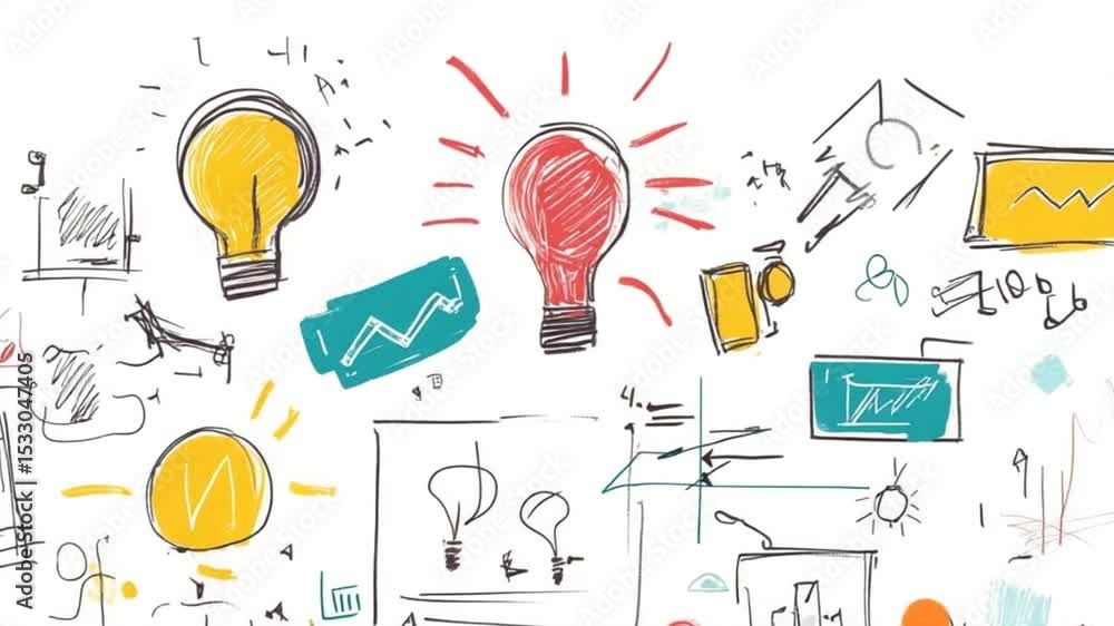 Poster creative brainstorming session with light bulbs and data graphs for innovative ideas