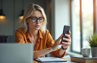 Upset businesswoman receives bad news, financial notification on smartphone. Frustrated female office worker using app. Woman checks online message, reading news, feeling sad, stressed, problems,