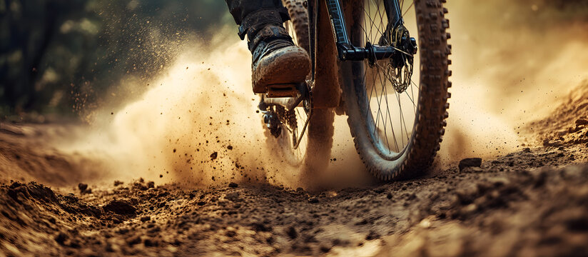 Mountain biking action, dust flying, close-up of tire, dynamic movement - Powered by Adobe
