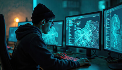 Teenage hacker wearing glasses, hoodie in dark hideout environment. Young man monitors computer screens for cyberattack, hacking, digital crime. Cyberspace, technology, computer. Digital safety,