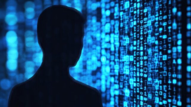 Silhouette person in front of digital code