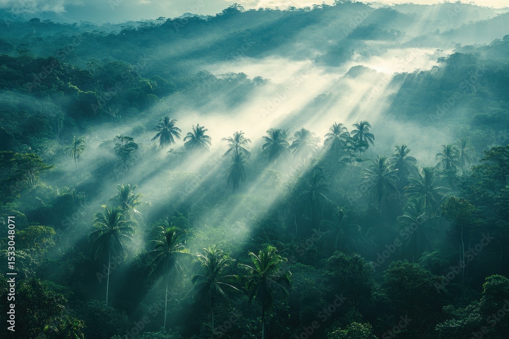 Poster sunlight breaks through the dense forest canopy, casting ethereal rays in the early morning mist nea