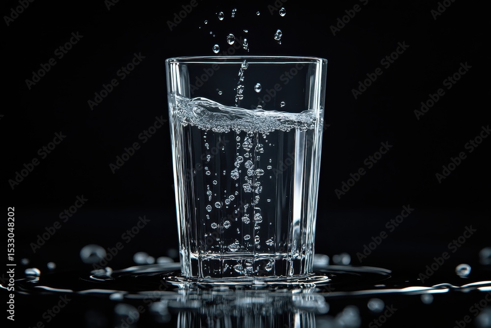 Aufkleber water splashes artistically from a glass in a dark setting, creating dynamic ripples and droplets du