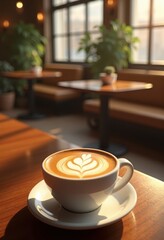 beautiful latte art creations cozy cafe setting warm textures inviting atmosphere barista craftsmanship coffee design, foam, drink, beverage, table, interior