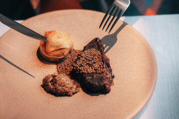 Gourmet veal cheek with mustard seeds and apple puree on a large plate, fine dining presentation