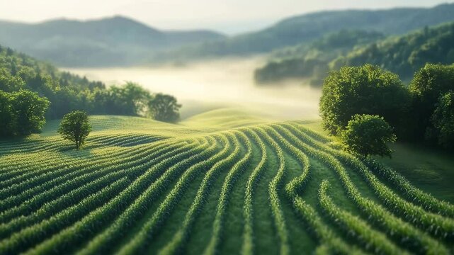 A peaceful morning mist drifts over beautifully aligned corn rows on rolling green hills. A serene, dreamy landscape with tilt-shift effect showcasing nature&rsquo;s harmony and agricultural beauty.