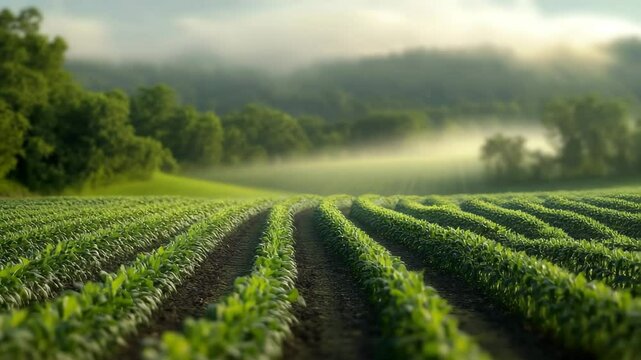 Early morning mist gently rolls across vibrant green corn rows, stretching over fertile farmland. A peaceful rural scene enhanced by a tilt-shift look, emphasizing natural harmony and growth.