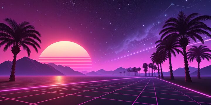 Retro Palms and Neon Grid Synthwave Sunset, aesthetics , 80s
