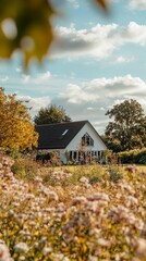 A serene house nestled among blooming flowers. The vibrant colors of nature surround this peaceful retreat. Perfect for peaceful escapes and countryside living. Generative AI