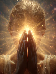 woman holding radiant glowing energy between hands with golden sparkles and warm light, spiritual fantasy scene symbolizing healing, inner power, magic and emotional awakening