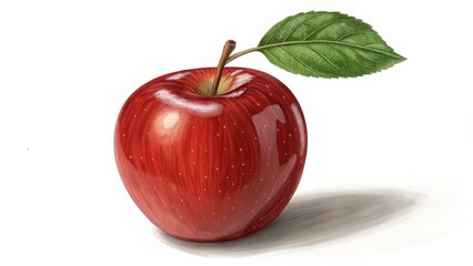 Shiny Red Apple Still Life with Green Leaf, Fruit, Artwork