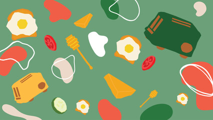 Green toaster and egg breakfast background