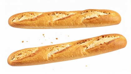 Baguette bread with falling crumbs isolated on transparent or white background