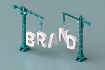 Off-white volumetric letters spelling BRAND being assembled by miniature cranes.