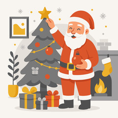 Flat-style Christmas scene of Santa Claus decorating a Christmas tree by the fireplace in a cozy living room.