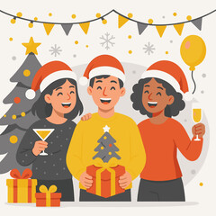 Flat-style Christmas celebration illustration of three friends in Santa hats enjoying a festive indoor party with drinks, gifts, and decorations.