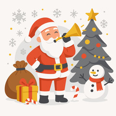 Flat-style vector of Santa Claus giving gifts to children under Christmas tree in a warm, cozy holiday setting.