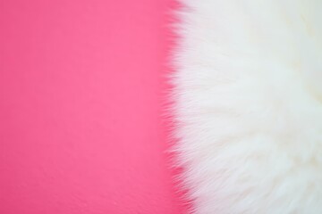 Light, white fur on pastel pink table background. Empty place for text.